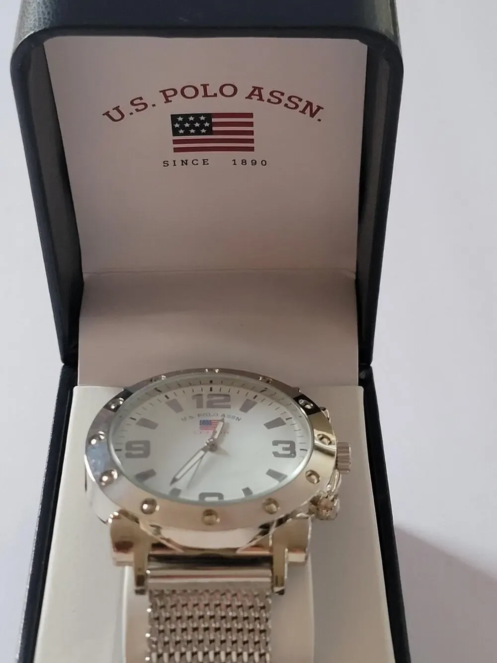 U.S. Polo Assn. Mens Watch 40mm White Dial Silver Case Mesh Bracelet Analog